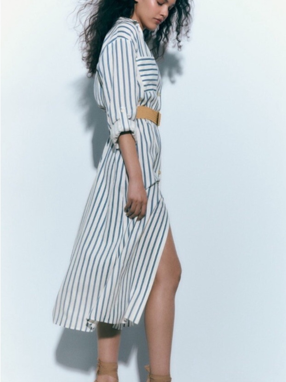 Zara Size XS White Dress with Blue Stripes & Tan Belt